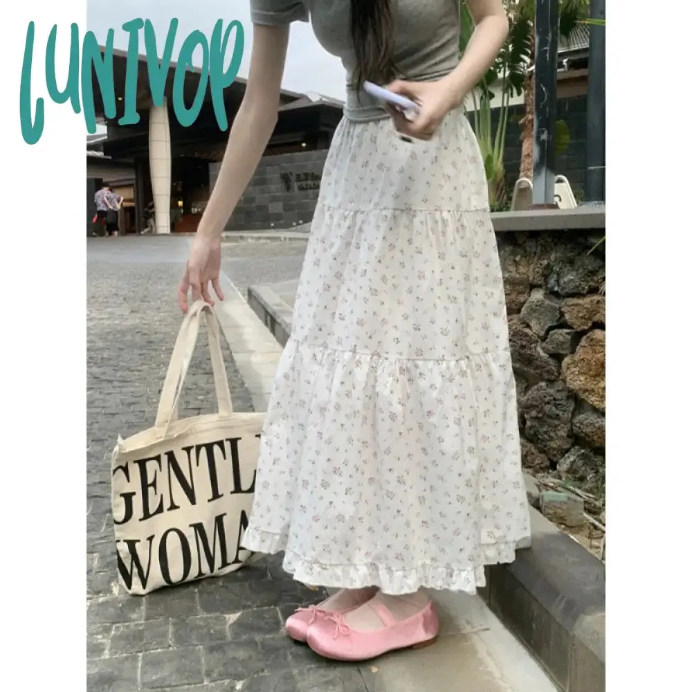 Lunivop 90s fashion Sweet Floral Wooden Ear Cake Skirt Women's Summer Skirt Slimming High Waist A- line Skirt Mid-Length Umbrella Skirt