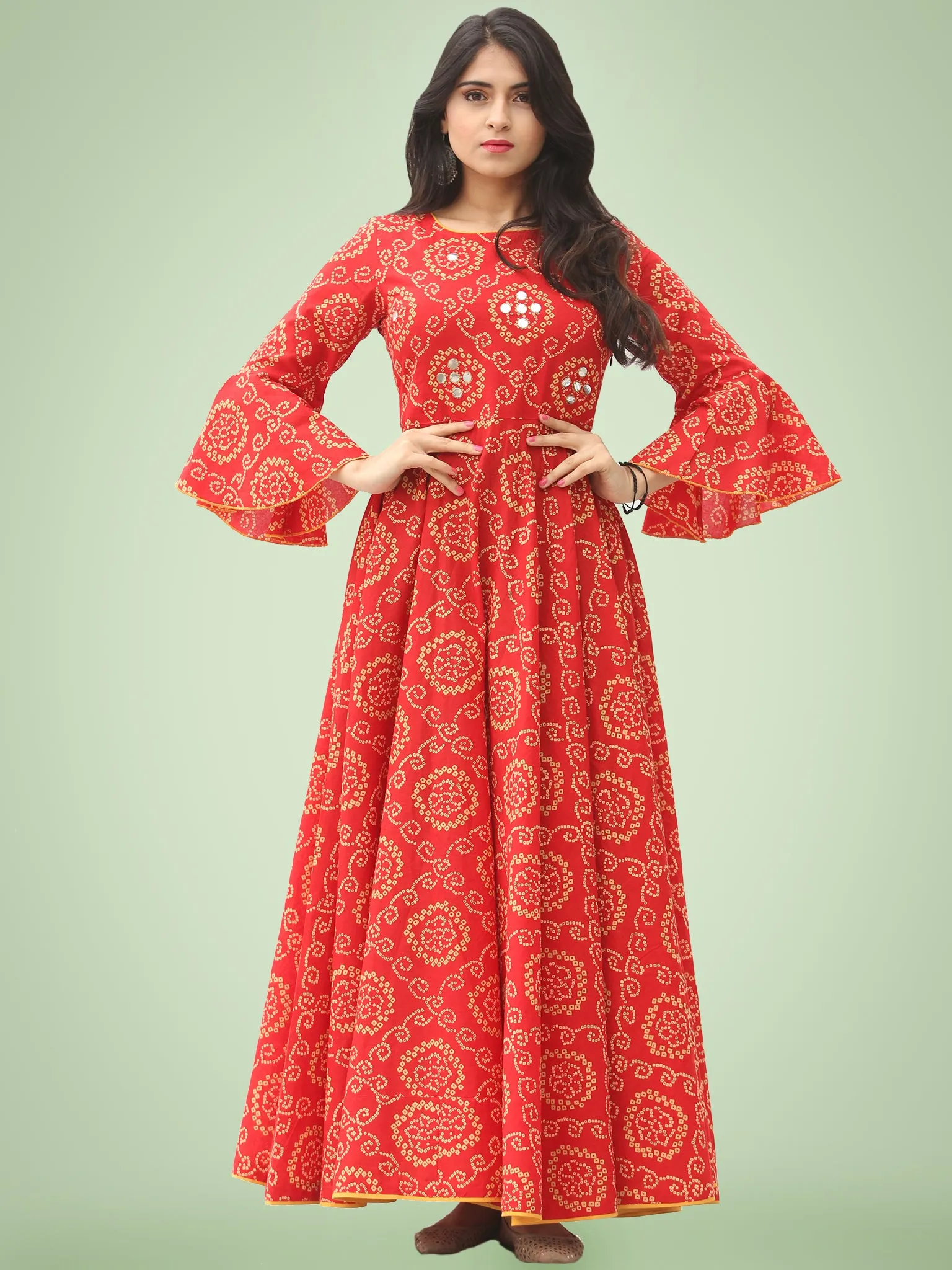 Maher - Red Bandhani Printed Urave Cut Long Mirror Work Dress  - D381F2023