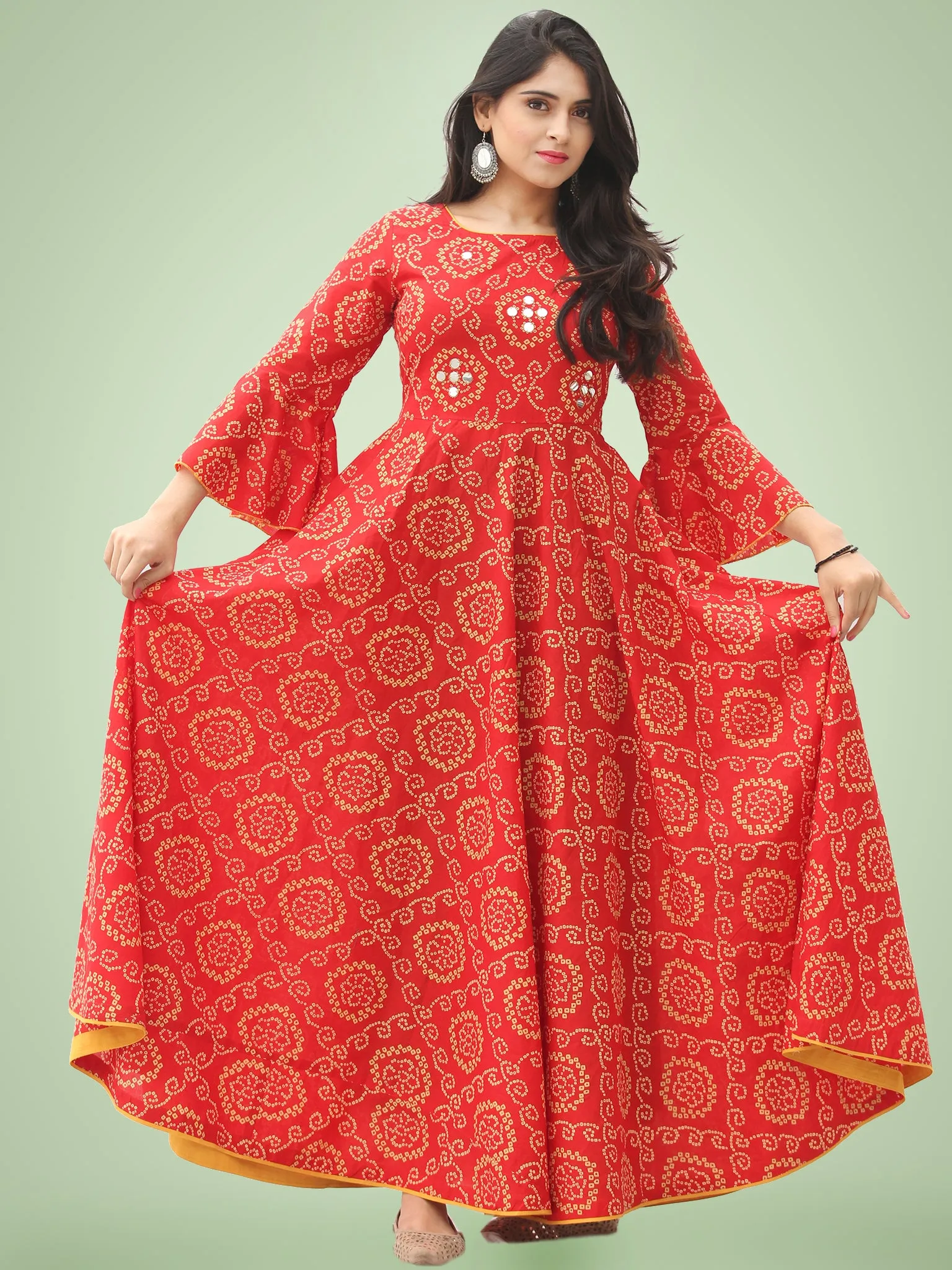 Maher - Red Bandhani Printed Urave Cut Long Mirror Work Dress  - D381F2023