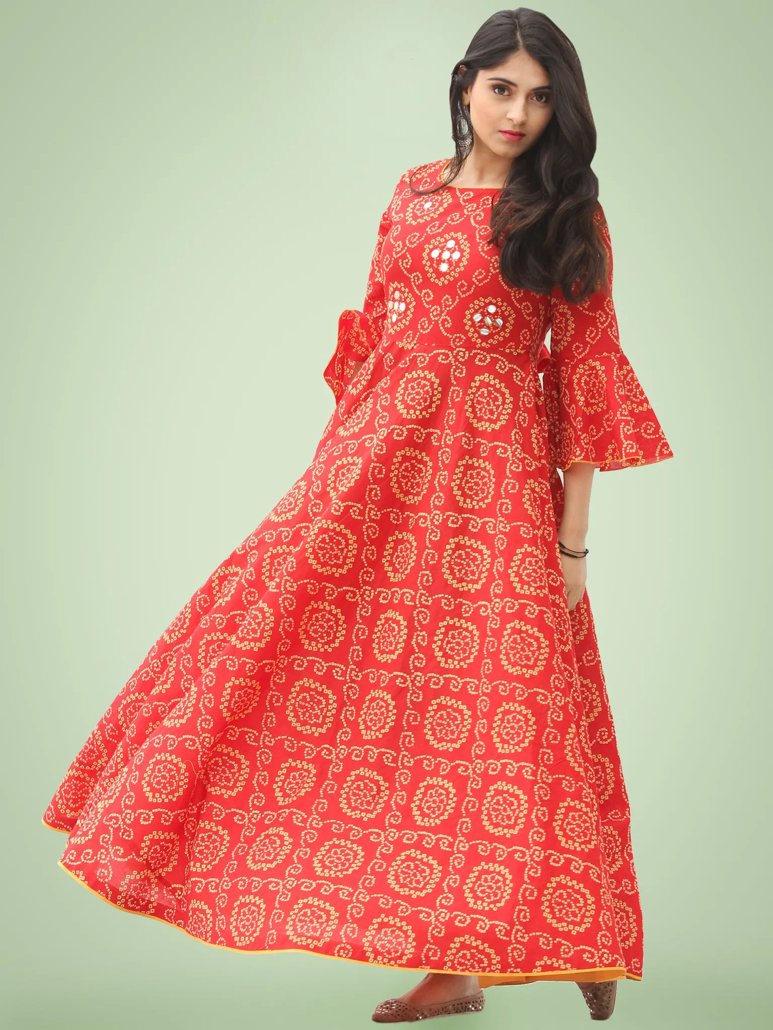 Maher - Red Bandhani Printed Urave Cut Long Mirror Work Dress  - D381F2023