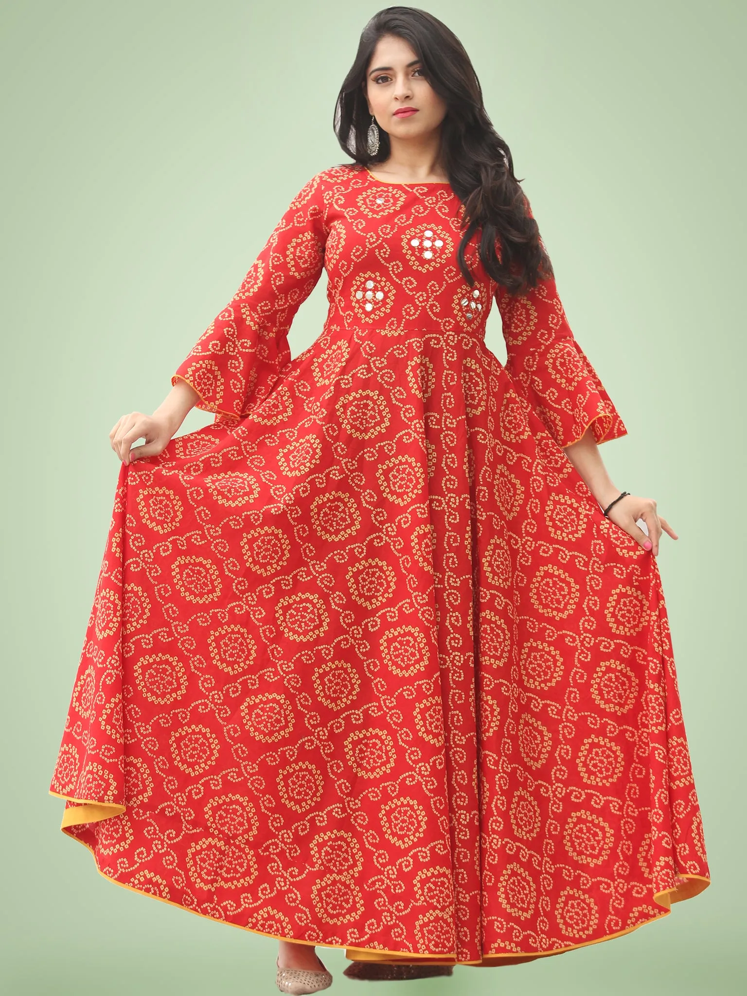 Maher - Red Bandhani Printed Urave Cut Long Mirror Work Dress  - D381F2023