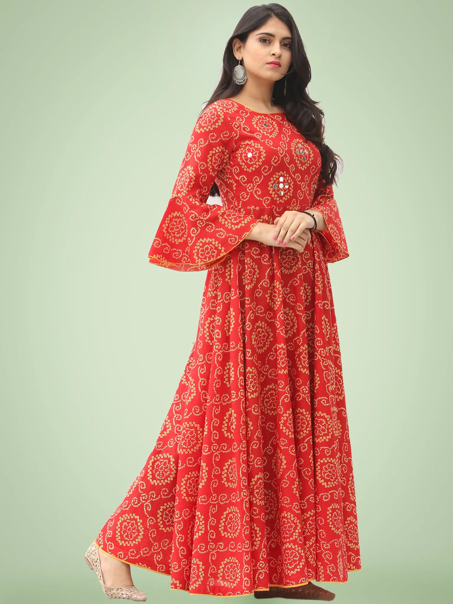 Maher - Red Bandhani Printed Urave Cut Long Mirror Work Dress  - D381F2023