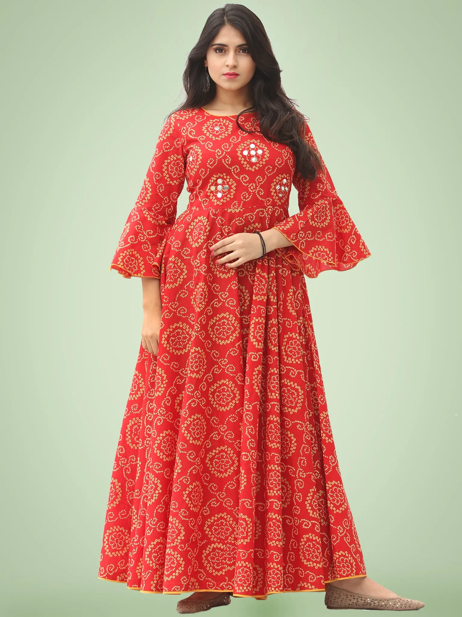 Maher - Red Bandhani Printed Urave Cut Long Mirror Work Dress  - D381F2023