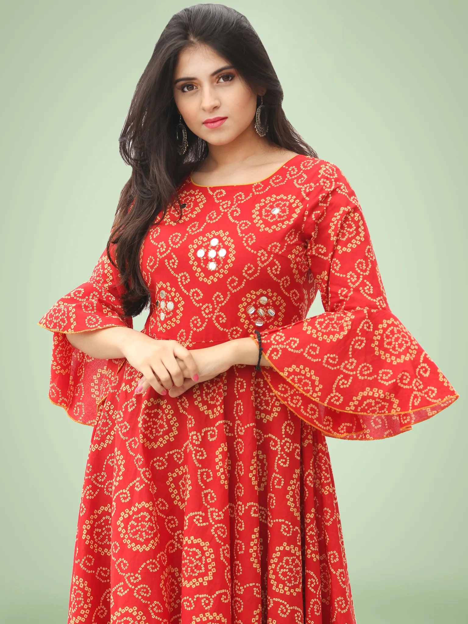 Maher - Red Bandhani Printed Urave Cut Long Mirror Work Dress  - D381F2023