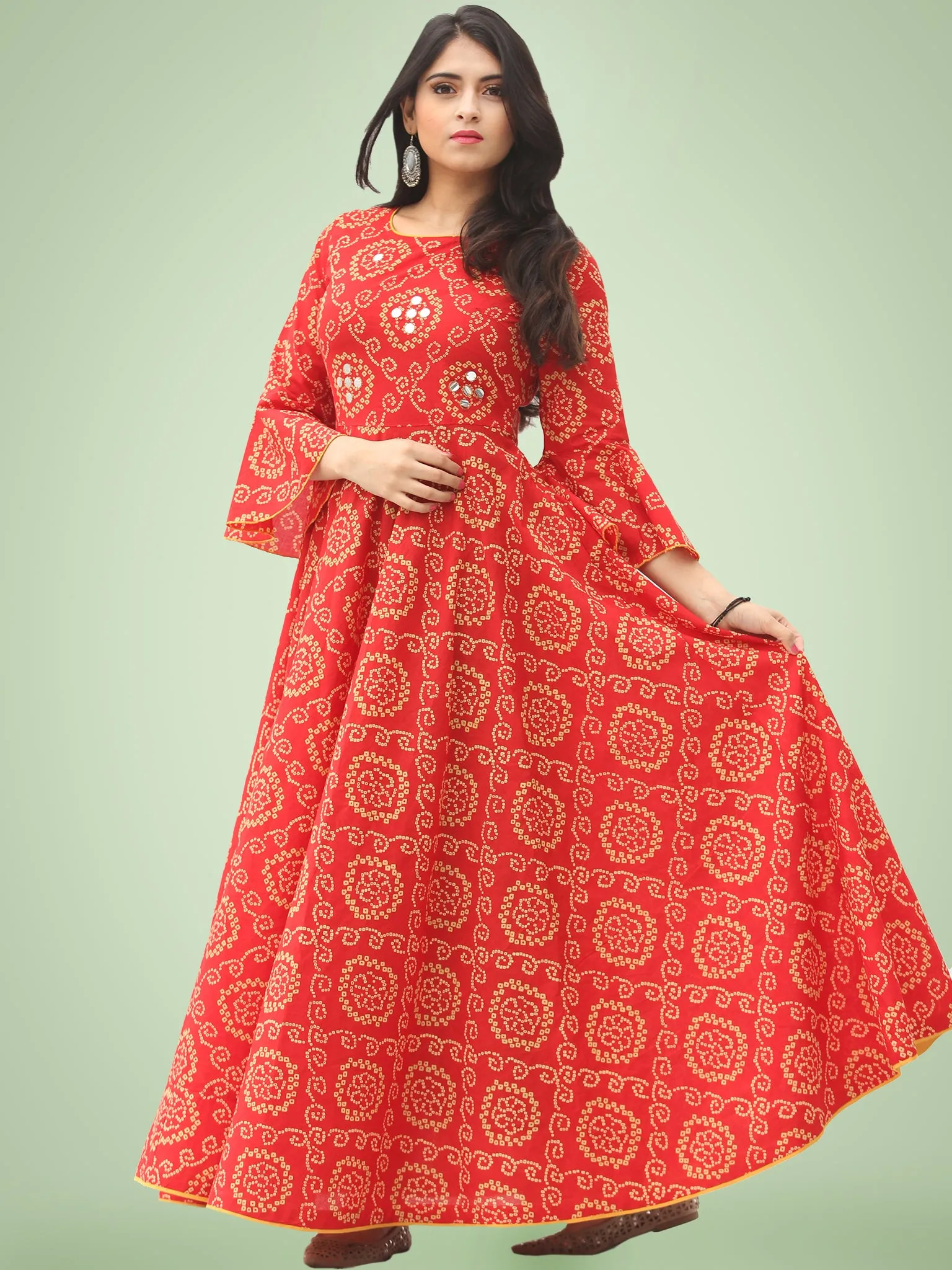 Maher - Red Bandhani Printed Urave Cut Long Mirror Work Dress  - D381F2023