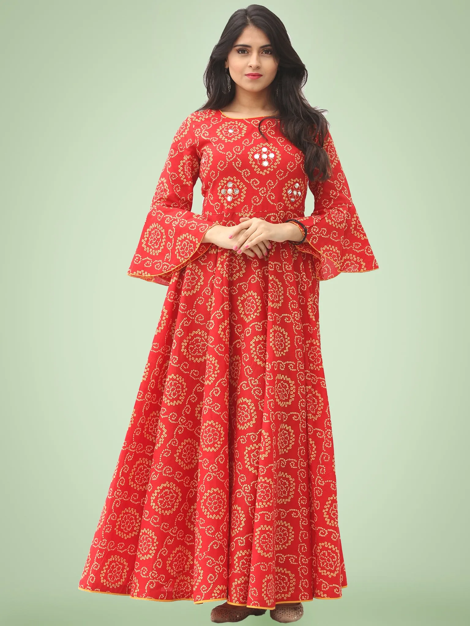 Maher - Red Bandhani Printed Urave Cut Long Mirror Work Dress  - D381F2023