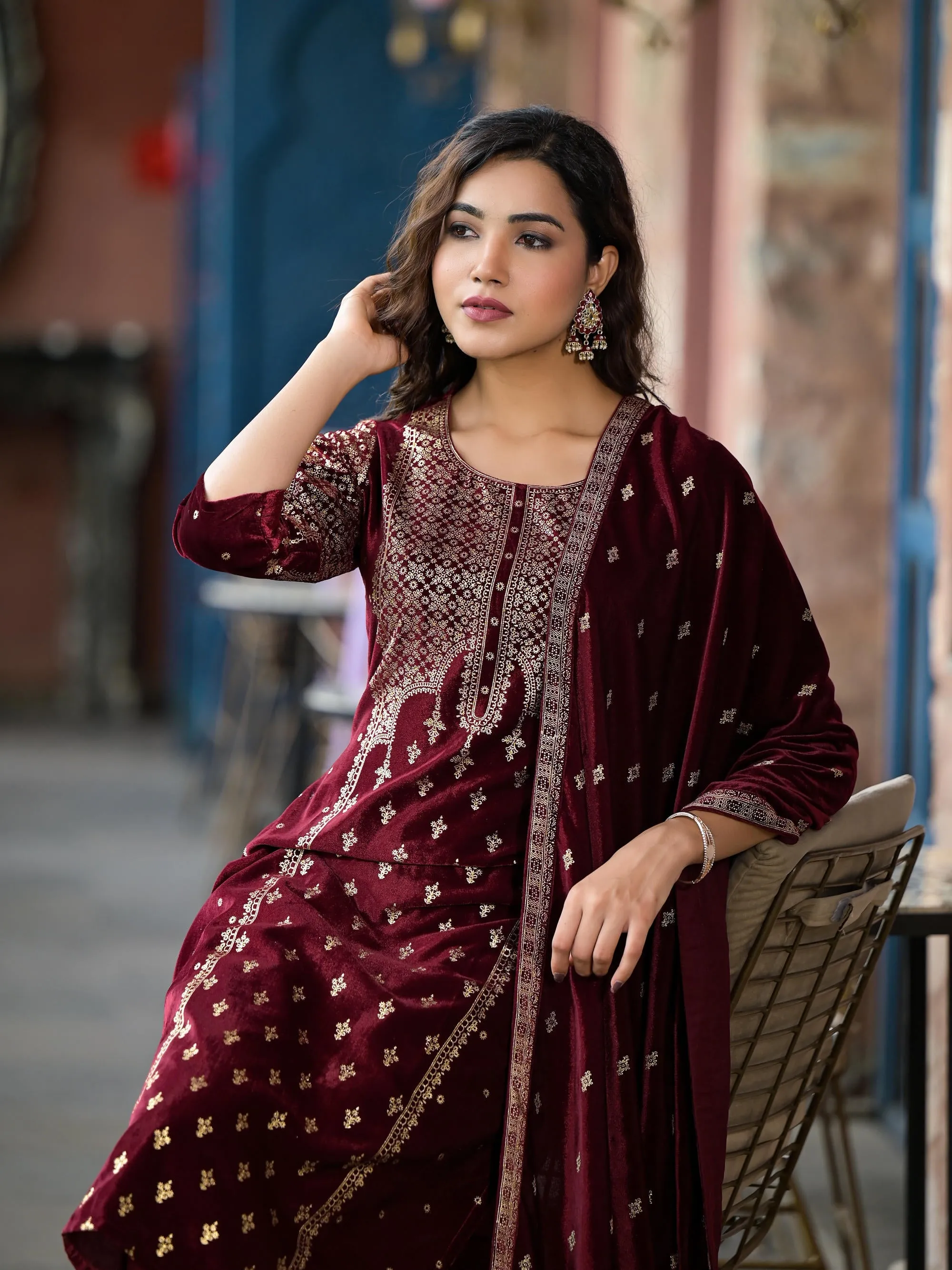 Maroon Ethnic Motif Printed Velvet Kurta Set With Tassels