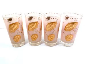 Mid-Century Pink & 22-Karat Gold Umbrella Mary Poppins Highball Glasses (Set of 4)