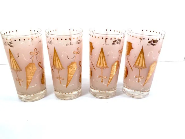 Mid-Century Pink & 22-Karat Gold Umbrella Mary Poppins Highball Glasses (Set of 4)