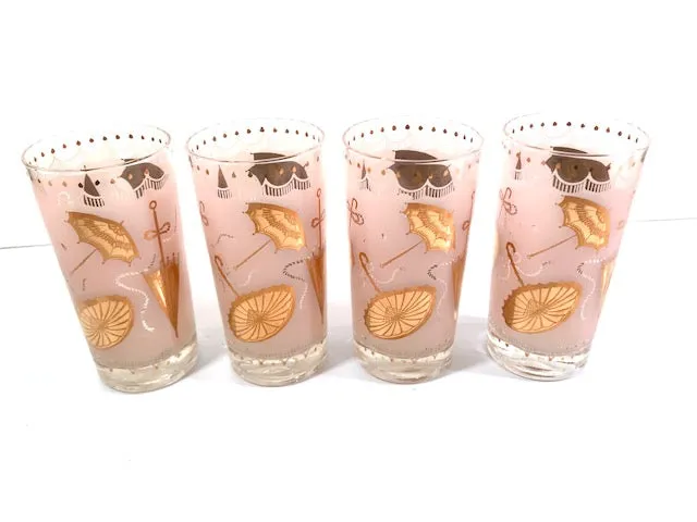 Mid-Century Pink & 22-Karat Gold Umbrella Mary Poppins Highball Glasses (Set of 4)