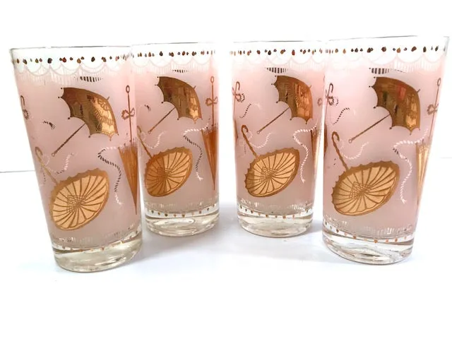 Mid-Century Pink & 22-Karat Gold Umbrella Mary Poppins Highball Glasses (Set of 4)