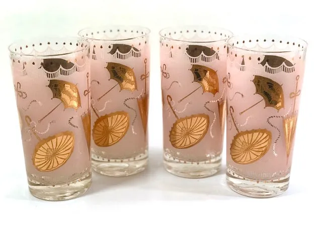 Mid-Century Pink & 22-Karat Gold Umbrella Mary Poppins Highball Glasses (Set of 4)