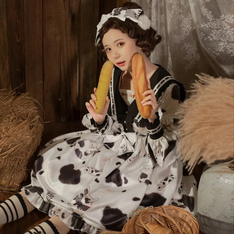 Milk Candy ~ Sweet Long Sleeve Cow Printed Dress by Yomi