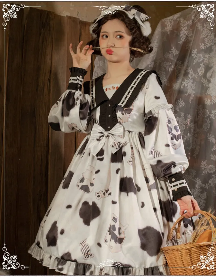 Milk Candy ~ Sweet Long Sleeve Cow Printed Dress by Yomi