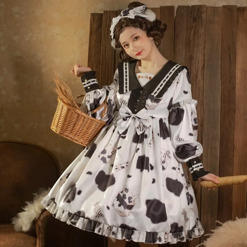 Milk Candy ~ Sweet Long Sleeve Cow Printed Dress by Yomi