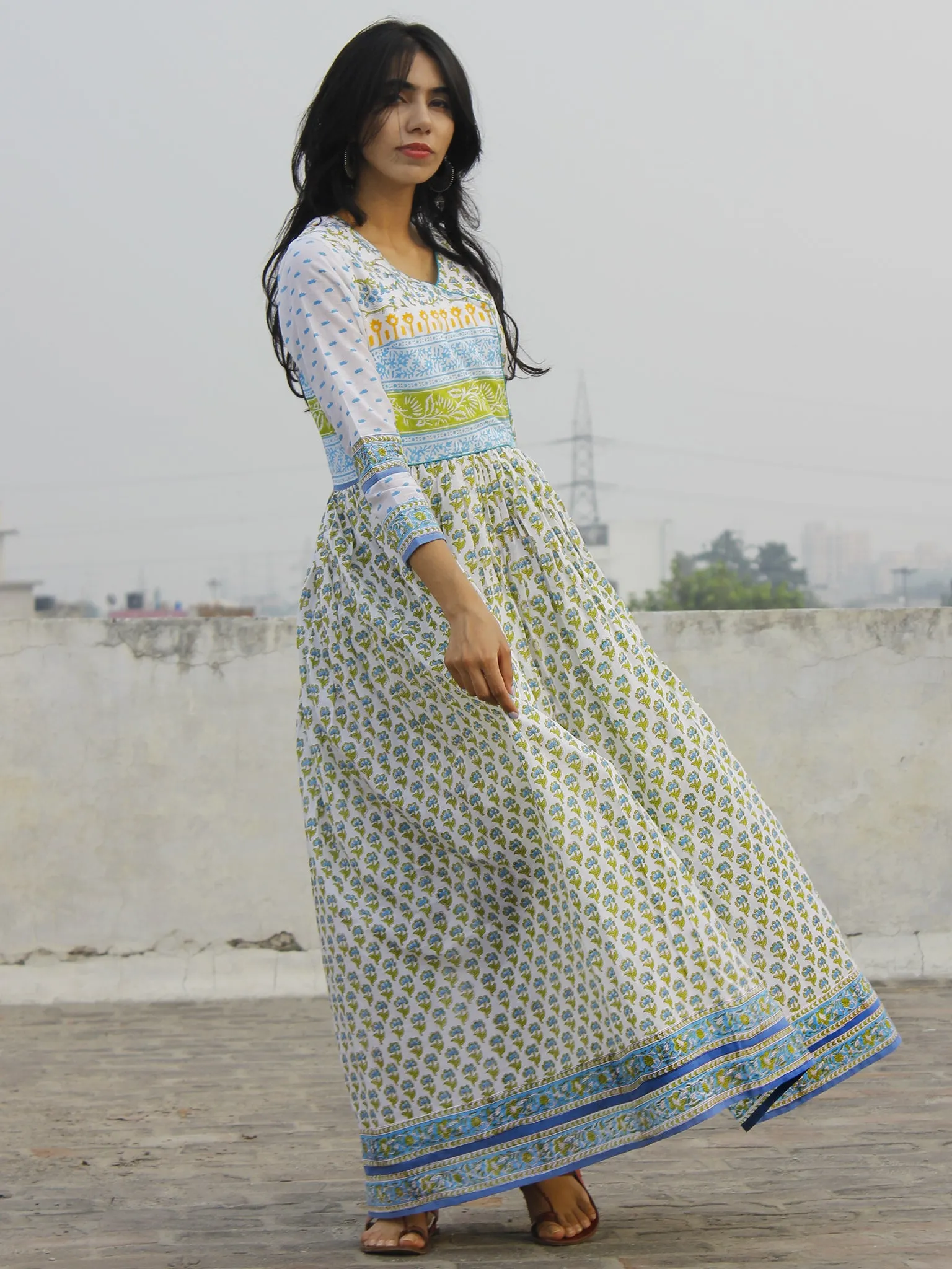 Naaz Aazina - White Green Light Blue Hand Block Printed Angrakha Dress With Gathers -  DS11F004