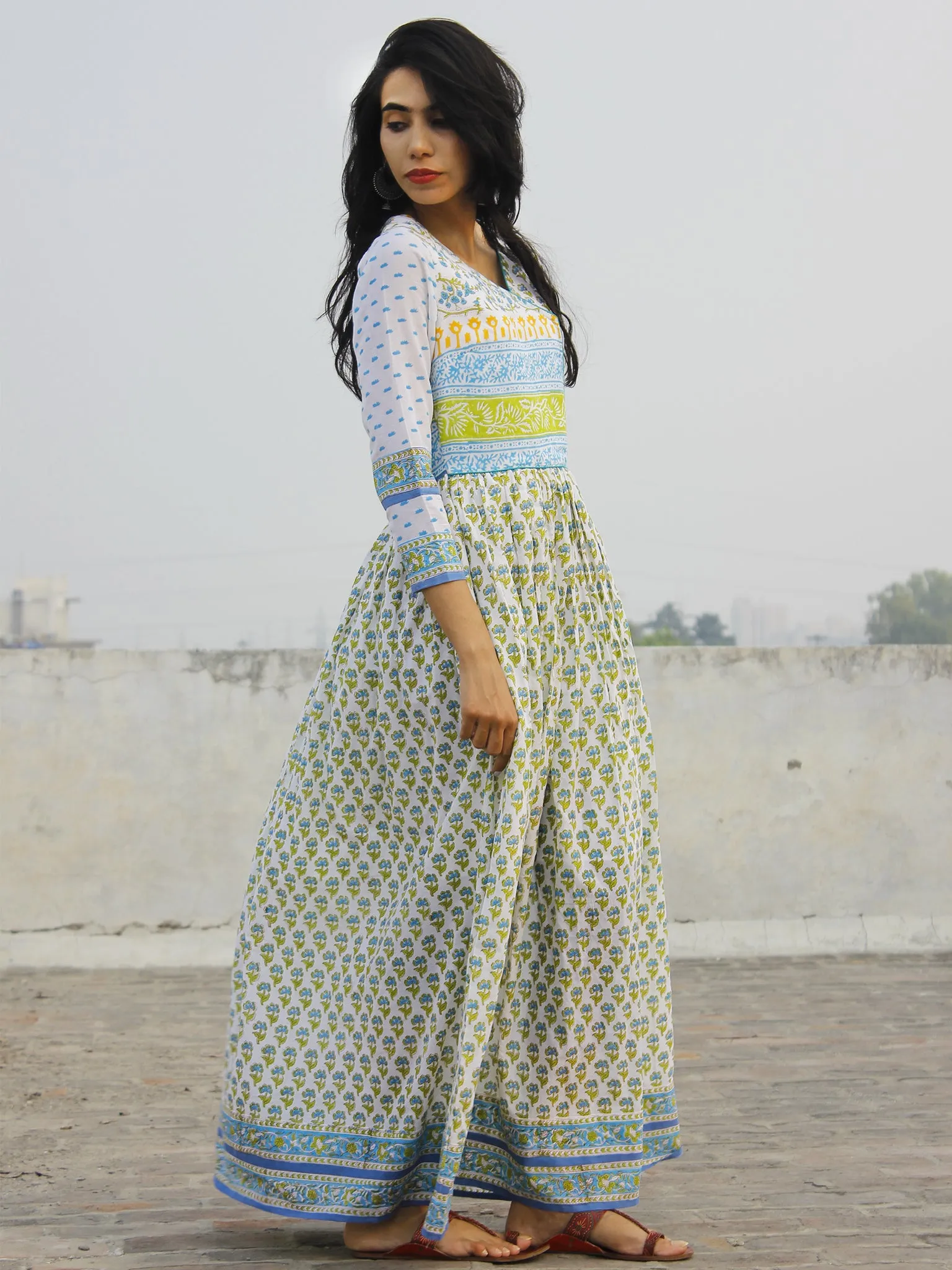 Naaz Aazina - White Green Light Blue Hand Block Printed Angrakha Dress With Gathers -  DS11F004