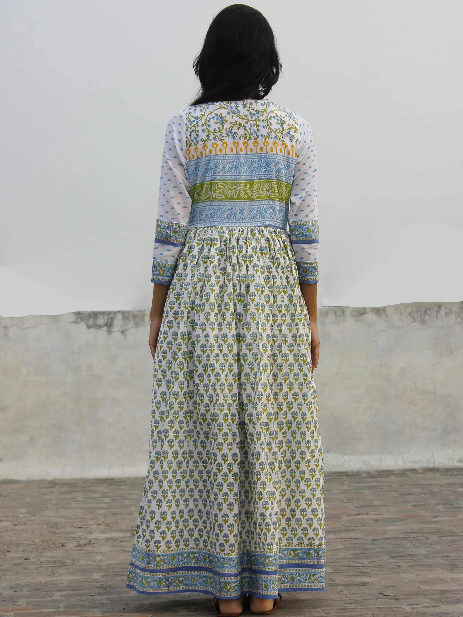 Naaz Aazina - White Green Light Blue Hand Block Printed Angrakha Dress With Gathers -  DS11F004