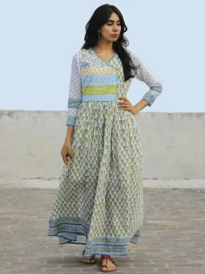 Naaz Aazina - White Green Light Blue Hand Block Printed Angrakha Dress With Gathers -  DS11F004