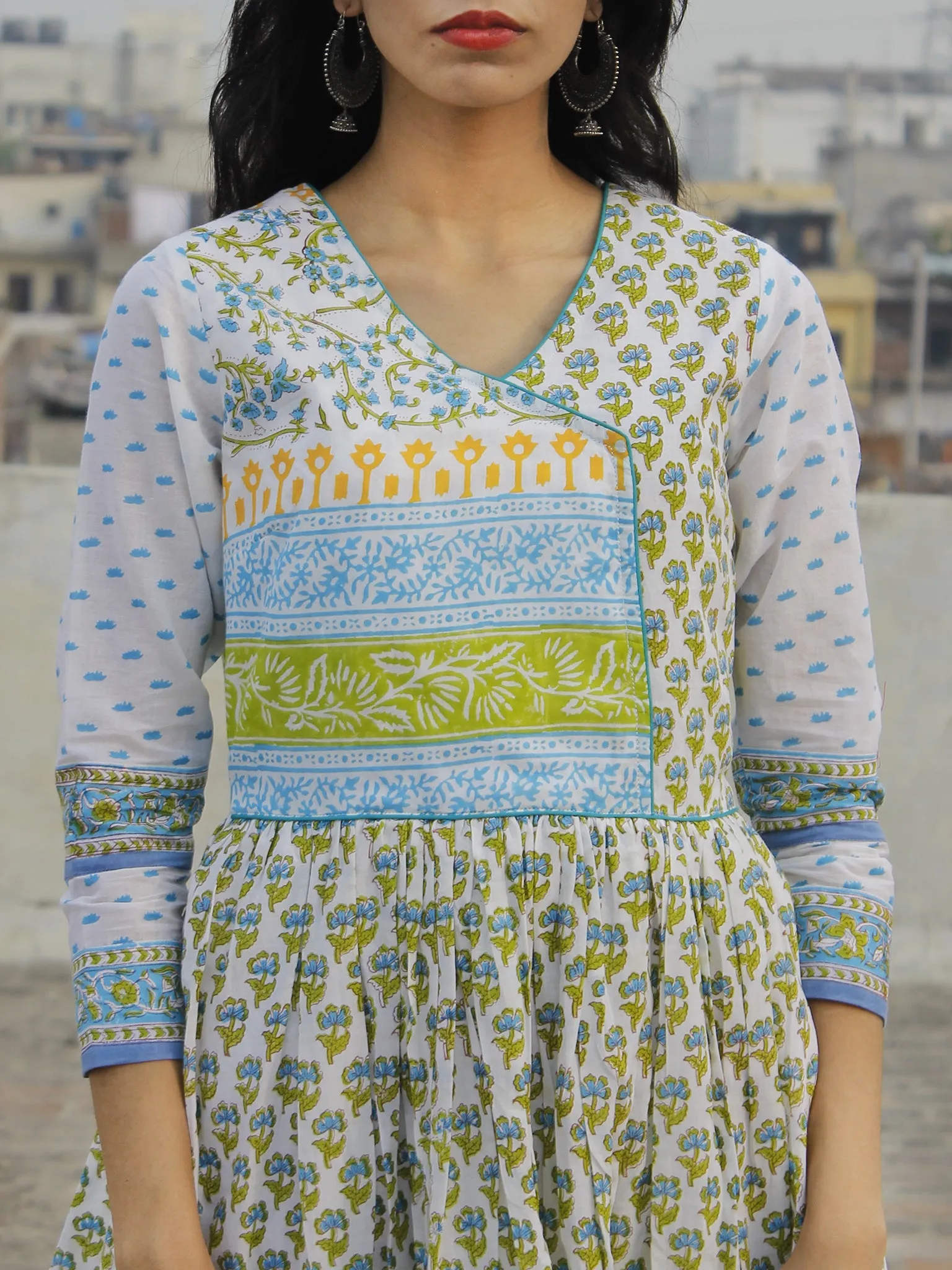 Naaz Aazina - White Green Light Blue Hand Block Printed Angrakha Dress With Gathers -  DS11F004