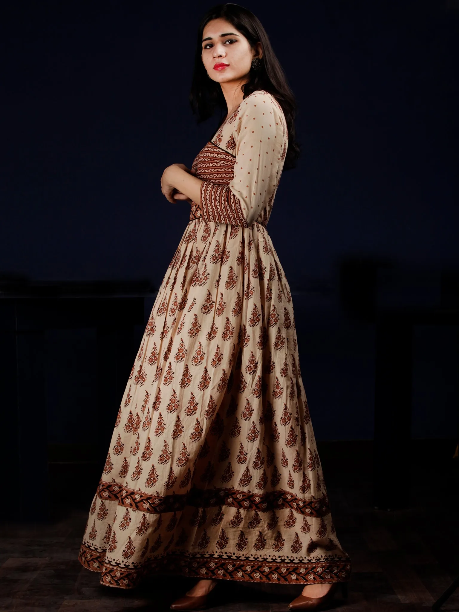 Naaz Amna - Beige Brown Black Hand Block Printed Long Cotton Gatheres Dress  - DS59F001