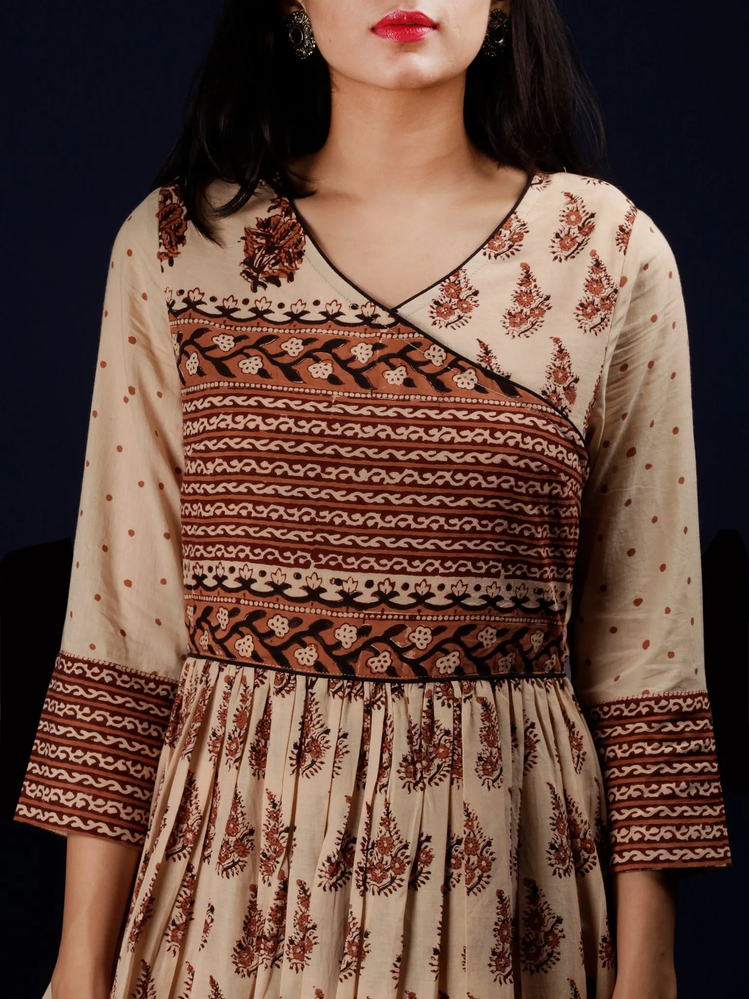 Naaz Amna - Beige Brown Black Hand Block Printed Long Cotton Gatheres Dress  - DS59F001