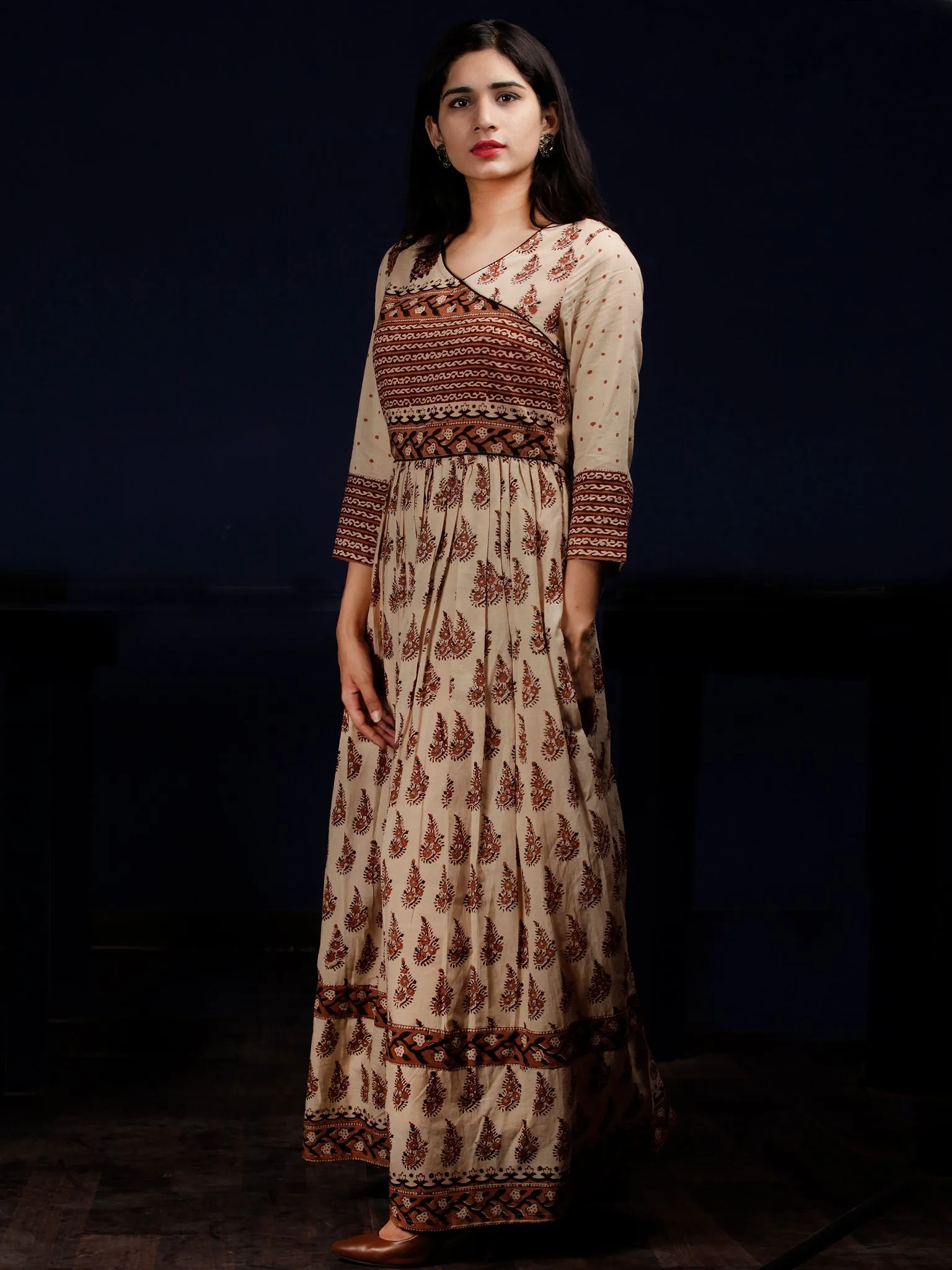 Naaz Amna - Beige Brown Black Hand Block Printed Long Cotton Gatheres Dress  - DS59F001