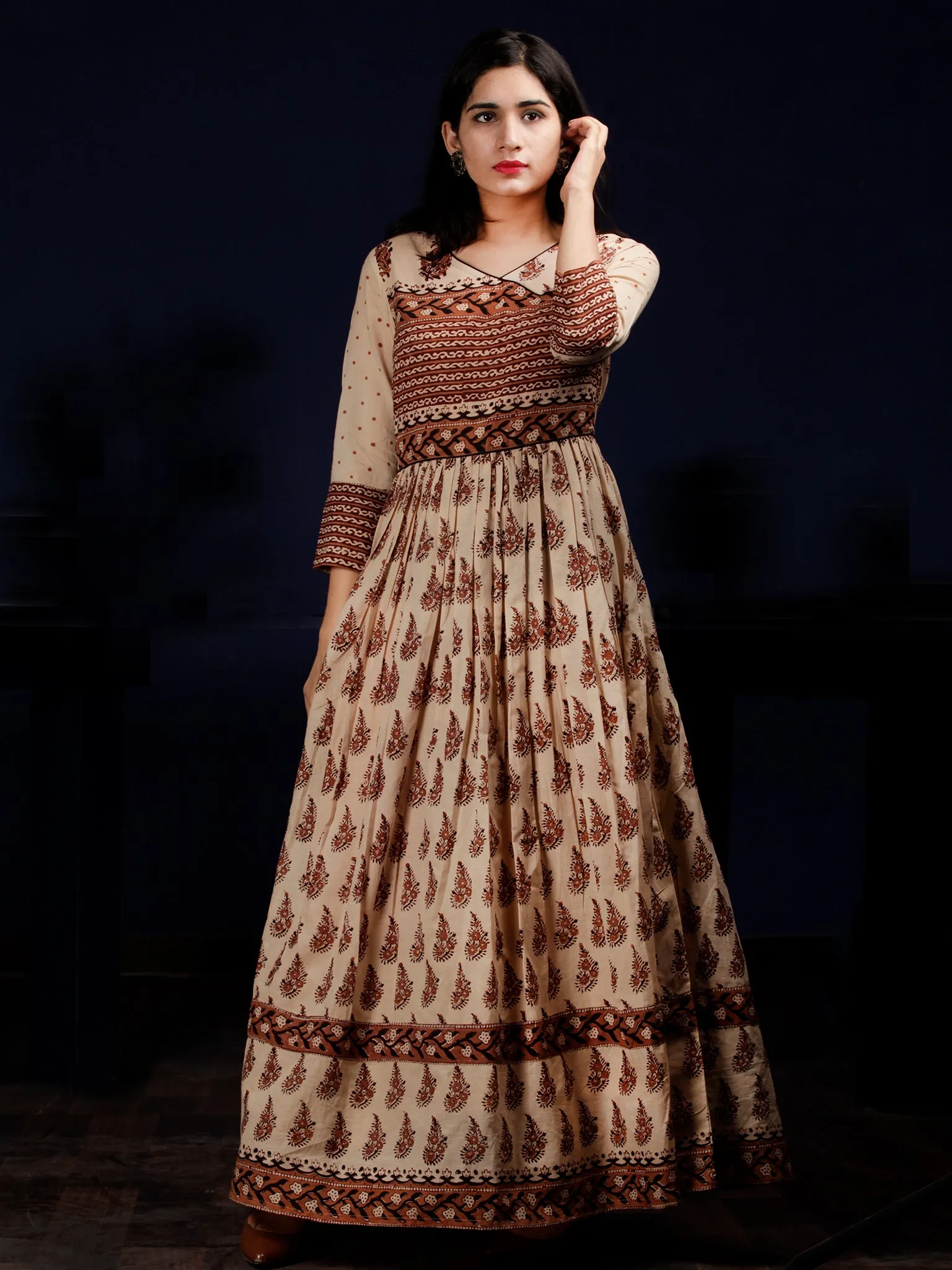 Naaz Amna - Beige Brown Black Hand Block Printed Long Cotton Gatheres Dress  - DS59F001