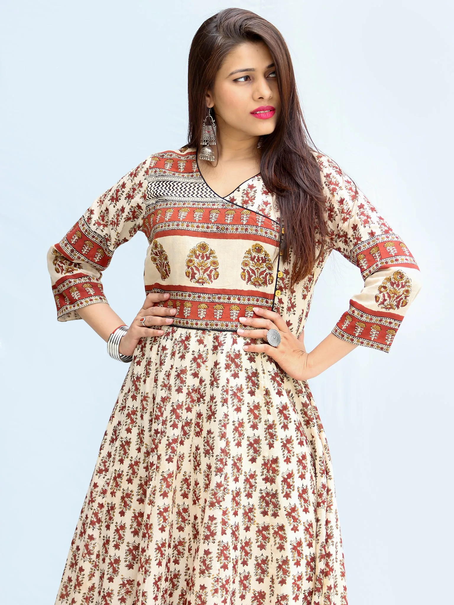 Naaz Ayma - Hand Block Printed Long Cotton Dress With Lining - DS15F003