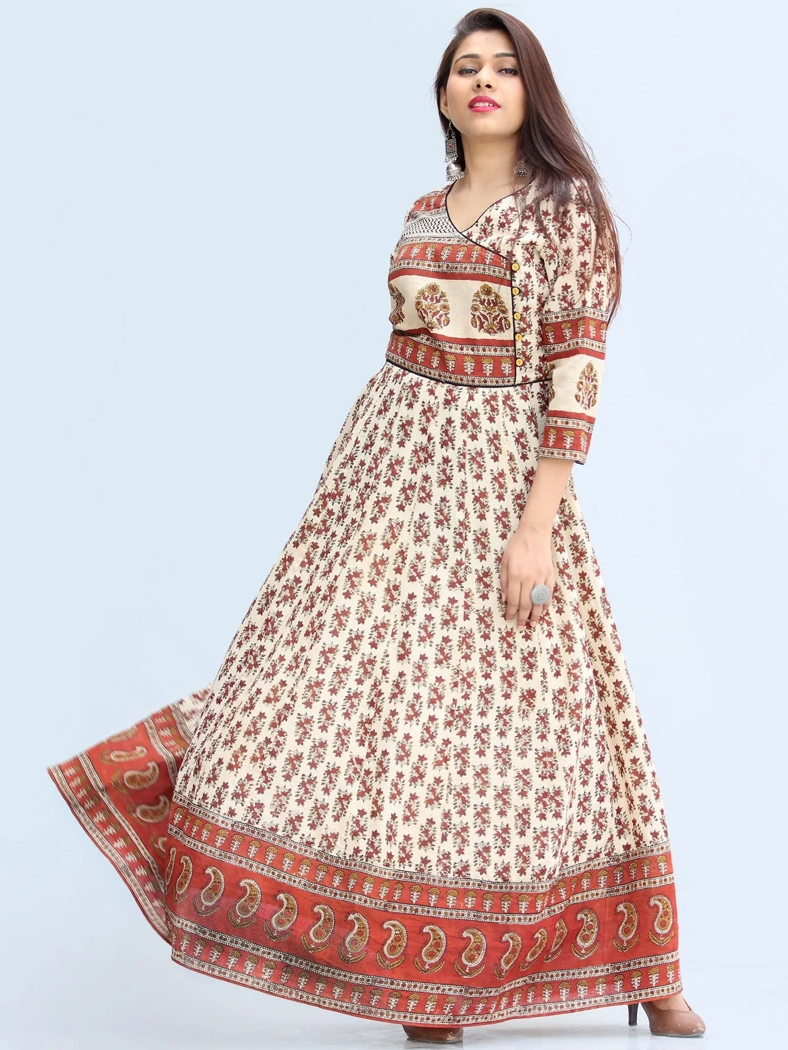 Naaz Ayma - Hand Block Printed Long Cotton Dress With Lining - DS15F003