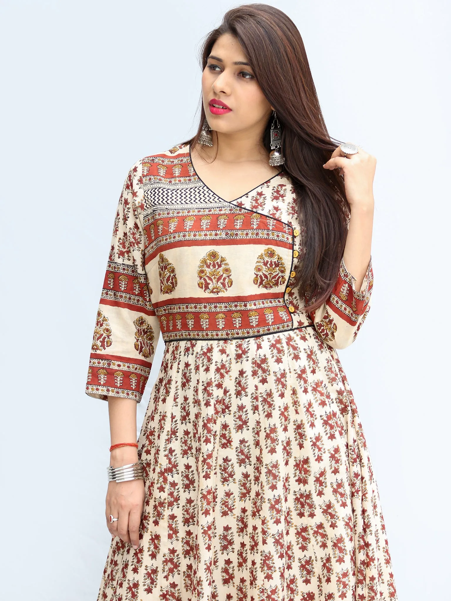 Naaz Ayma - Hand Block Printed Long Cotton Dress With Lining - DS15F003