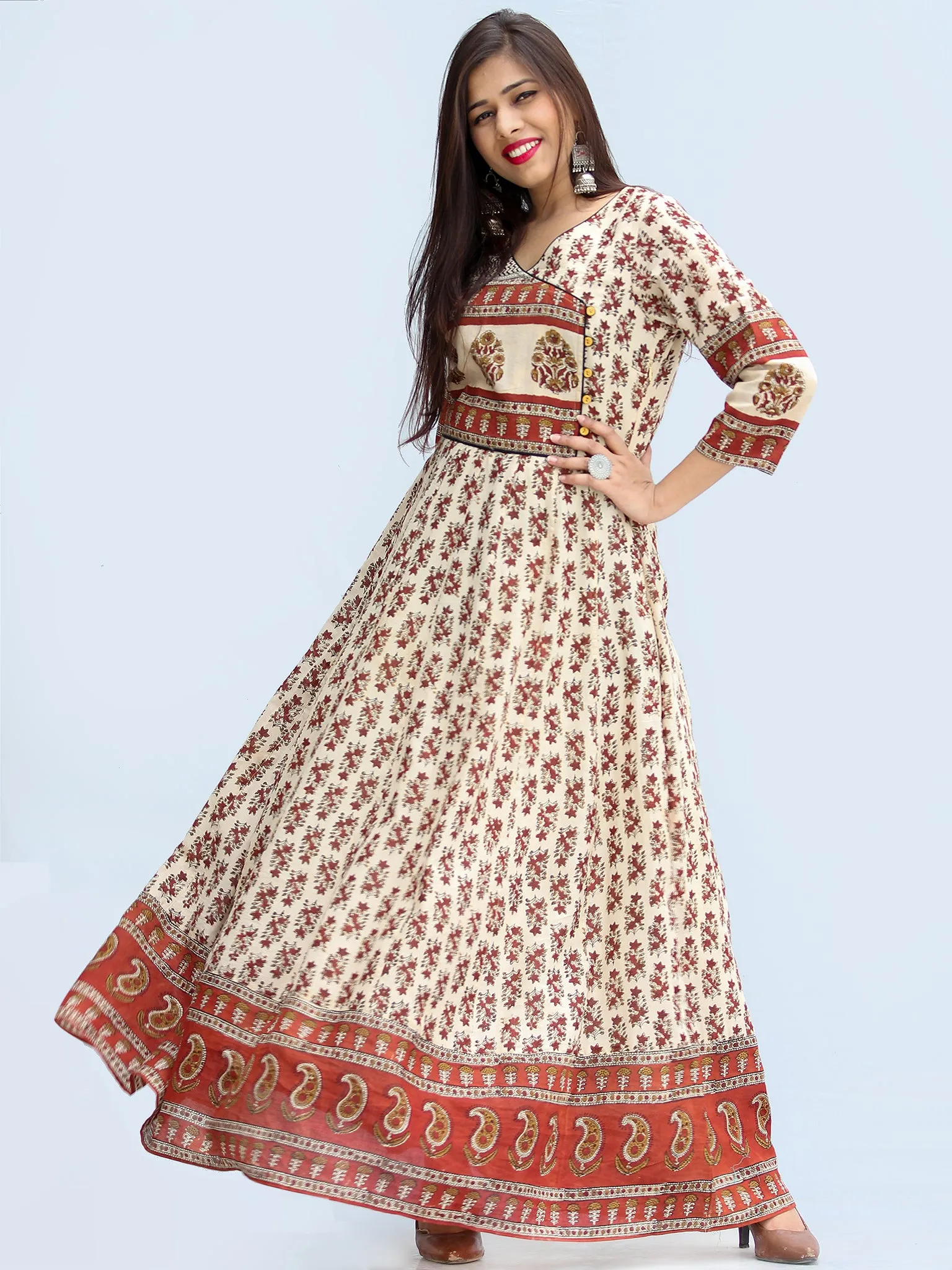 Naaz Ayma - Hand Block Printed Long Cotton Dress With Lining - DS15F003