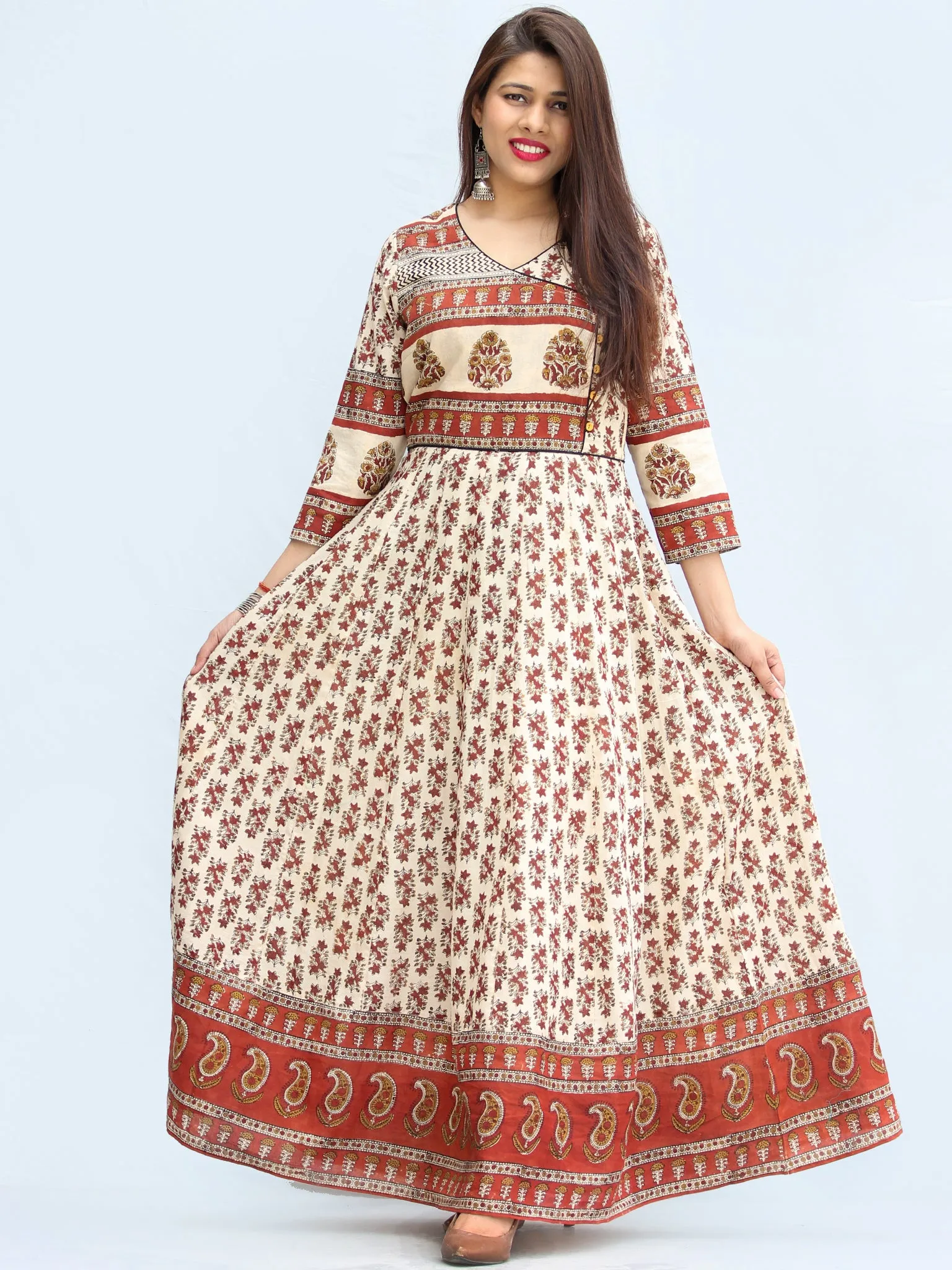 Naaz Ayma - Hand Block Printed Long Cotton Dress With Lining - DS15F003