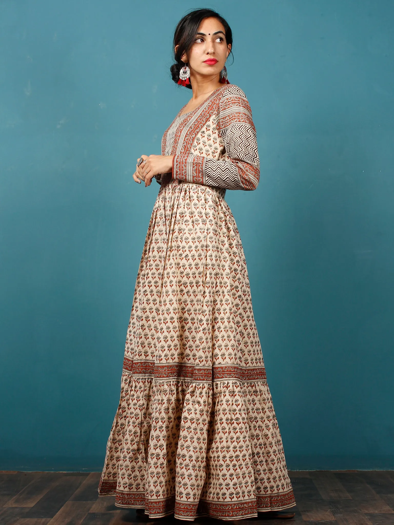 Naaz Beige Black Rust Grey Hand Block Printed Long Cotton Tier Dress With Gathers & Lining -  DS52F001