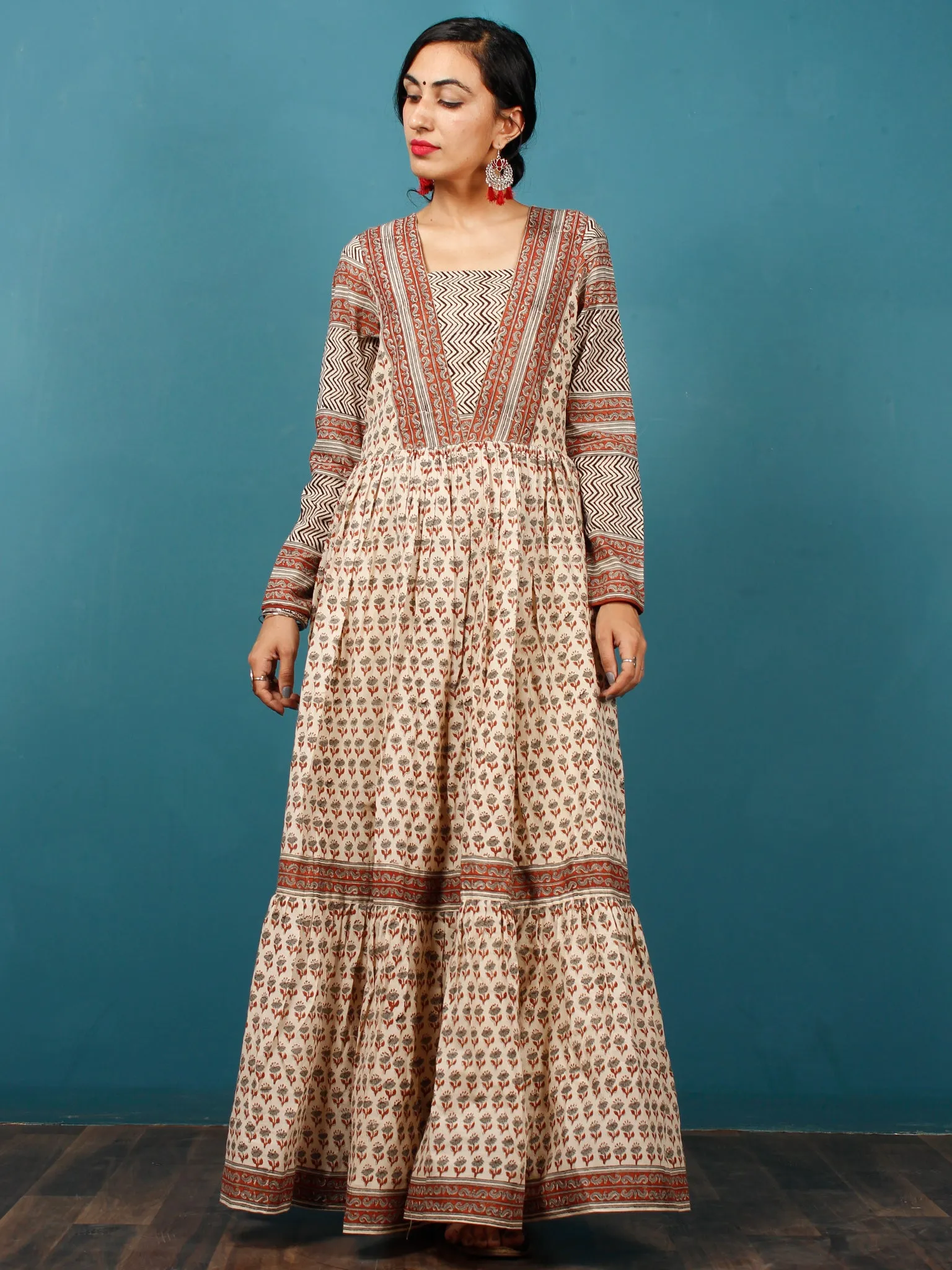 Naaz Beige Black Rust Grey Hand Block Printed Long Cotton Tier Dress With Gathers & Lining -  DS52F001