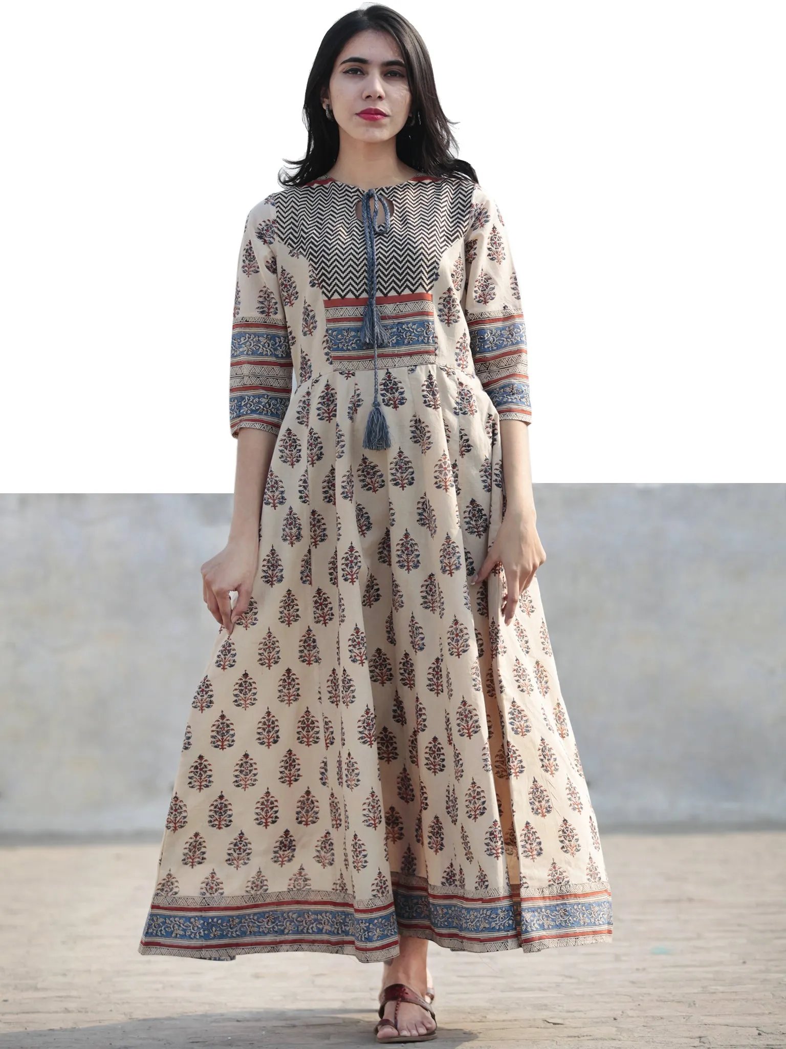 Naaz Beige Blue Maroon Black Hand Block Printed Long Cotton Dress with Tassels- DS02F004