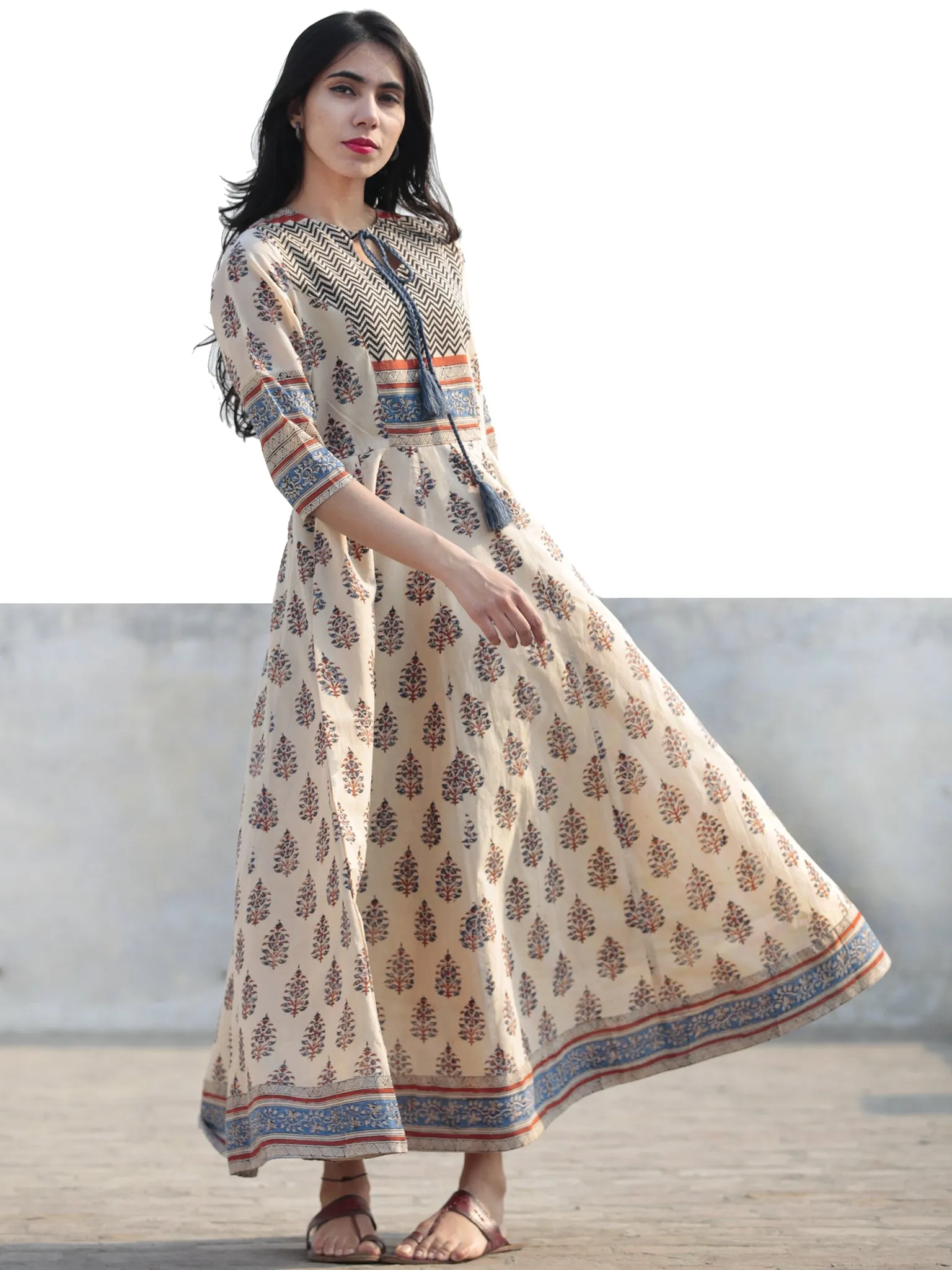 Naaz Beige Blue Maroon Black Hand Block Printed Long Cotton Dress with Tassels- DS02F004