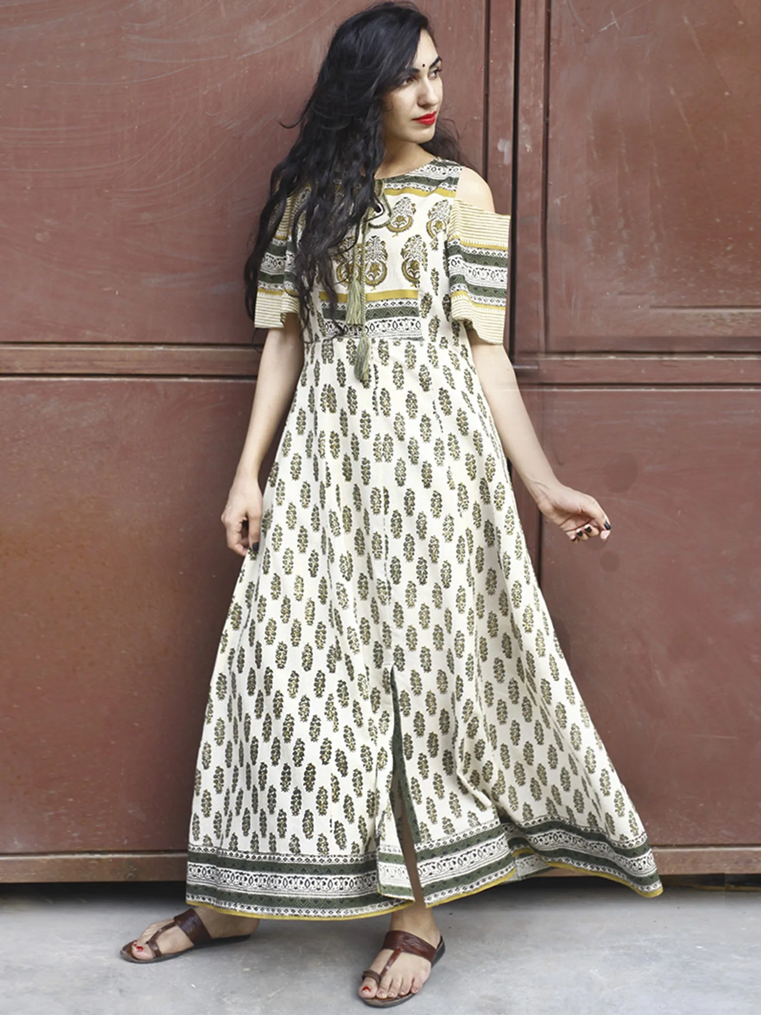 Naaz Beige Green Mustard Hand Block Printed Long Cotton Dress with Tassels & Cold Shoulders  - DS04F001