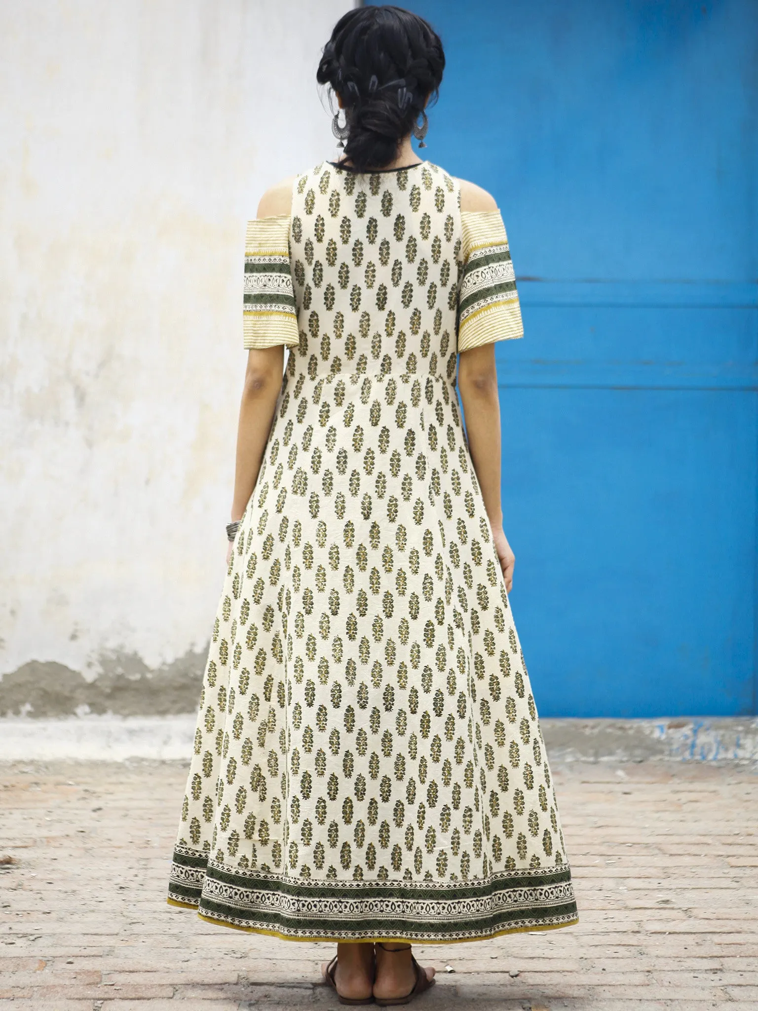 Naaz Beige Green Mustard Hand Block Printed Long Cotton Dress with Tassels & Cold Shoulders  - DS04F001