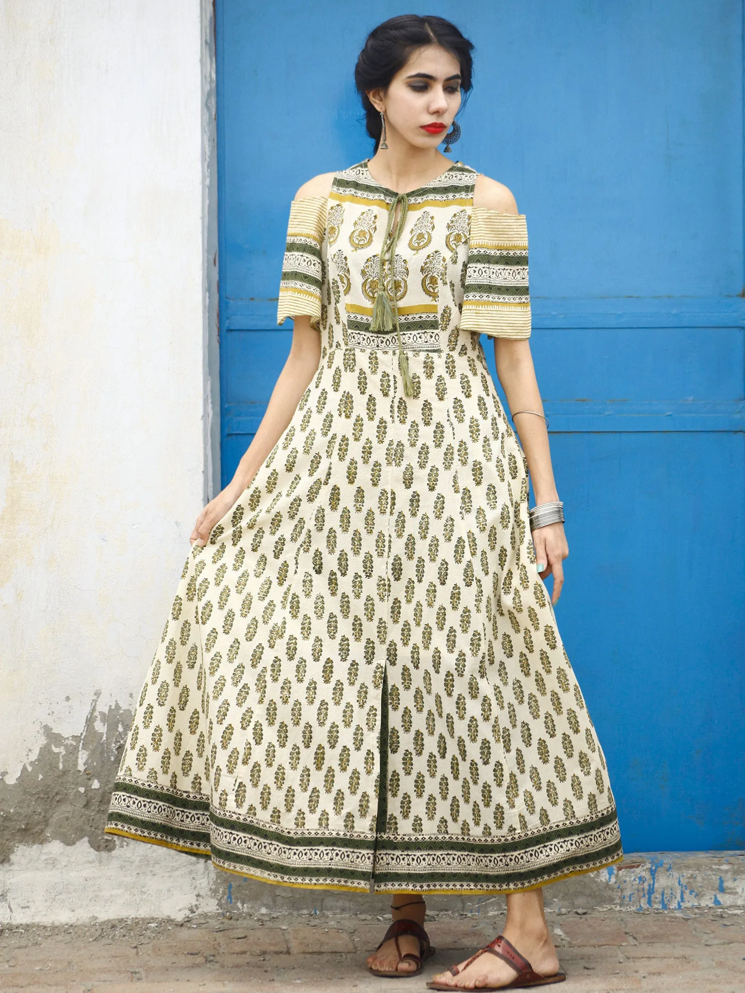 Naaz Beige Green Mustard Hand Block Printed Long Cotton Dress with Tassels & Cold Shoulders  - DS04F001