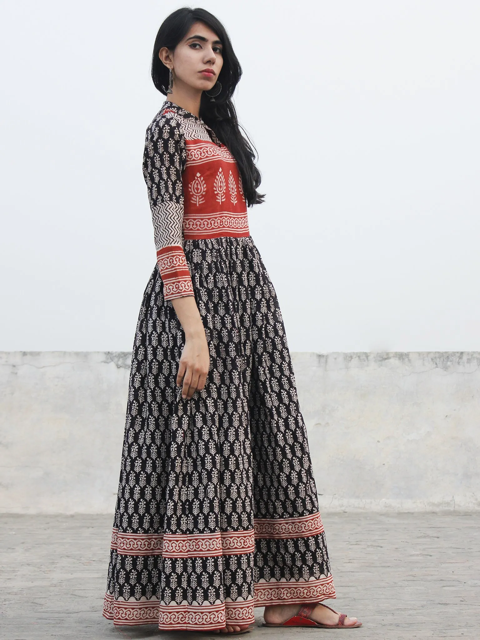 Naaz Black Red Ivory Hand Blocked Cotton Dress With Stand Collar & Lining - DS45F001