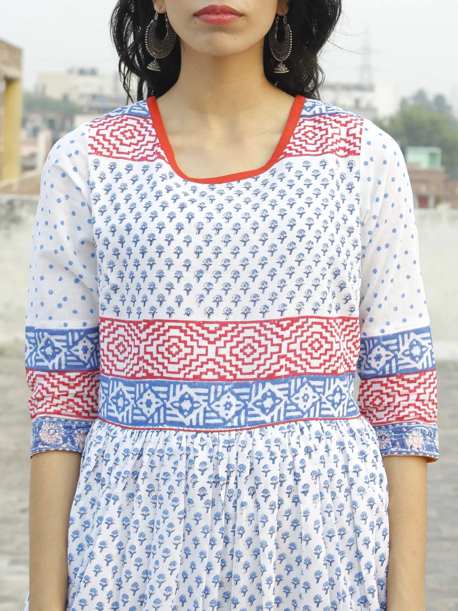 Naaz  Chandni - White Red Blue Hand Block Printed Dress With Gathers-  DS36F001