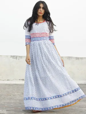 Naaz  Chandni - White Red Blue Hand Block Printed Dress With Gathers-  DS36F001