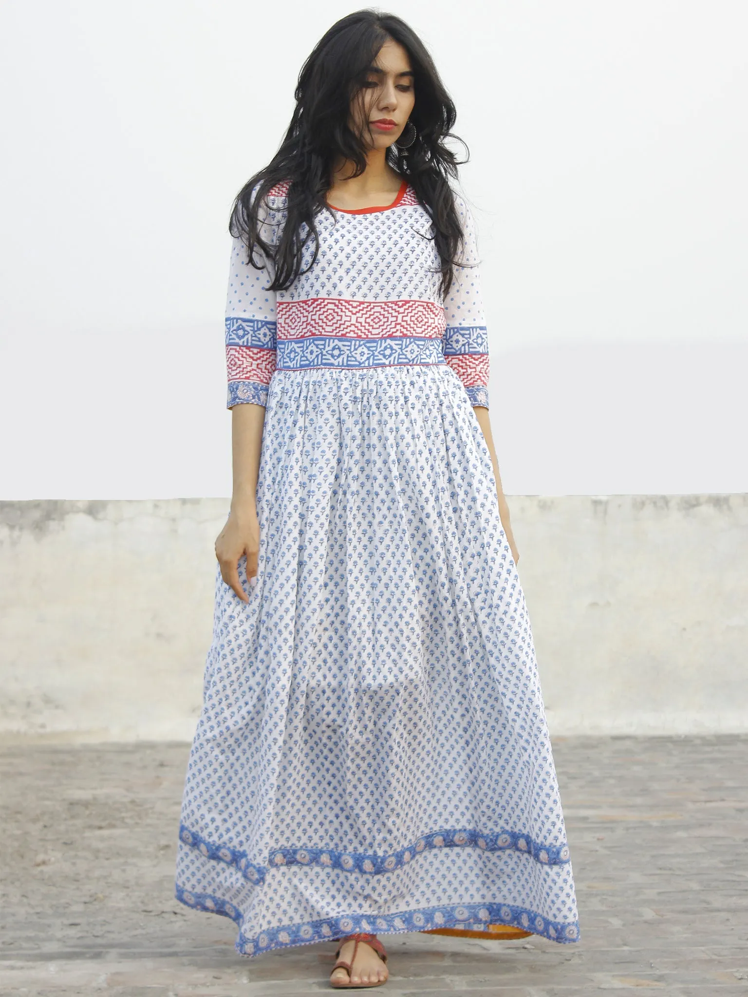 Naaz  Chandni - White Red Blue Hand Block Printed Dress With Gathers-  DS36F001