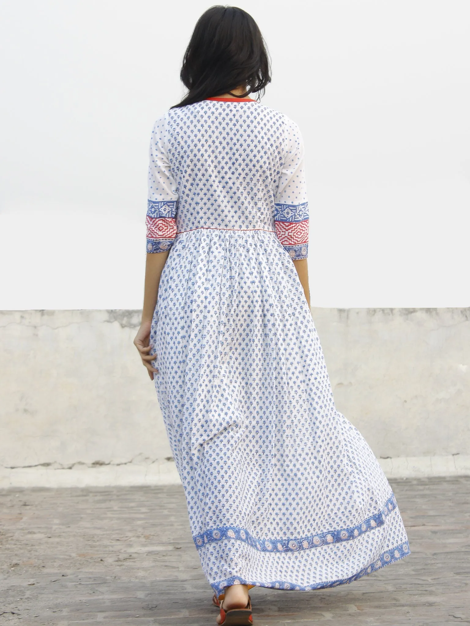 Naaz  Chandni - White Red Blue Hand Block Printed Dress With Gathers-  DS36F001