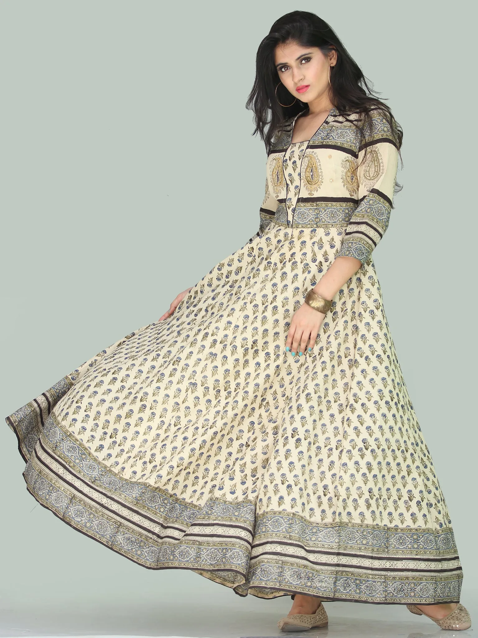 Naaz Fariha - Hand Block Printed Long Cotton Embroidered Dress With Lining - DS109F001