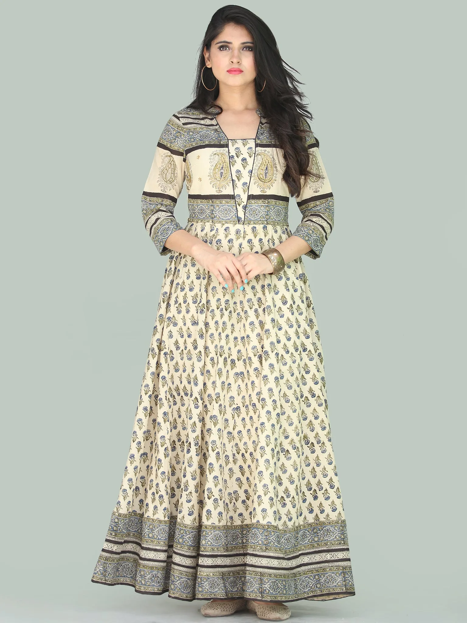 Naaz Fariha - Hand Block Printed Long Cotton Embroidered Dress With Lining - DS109F001