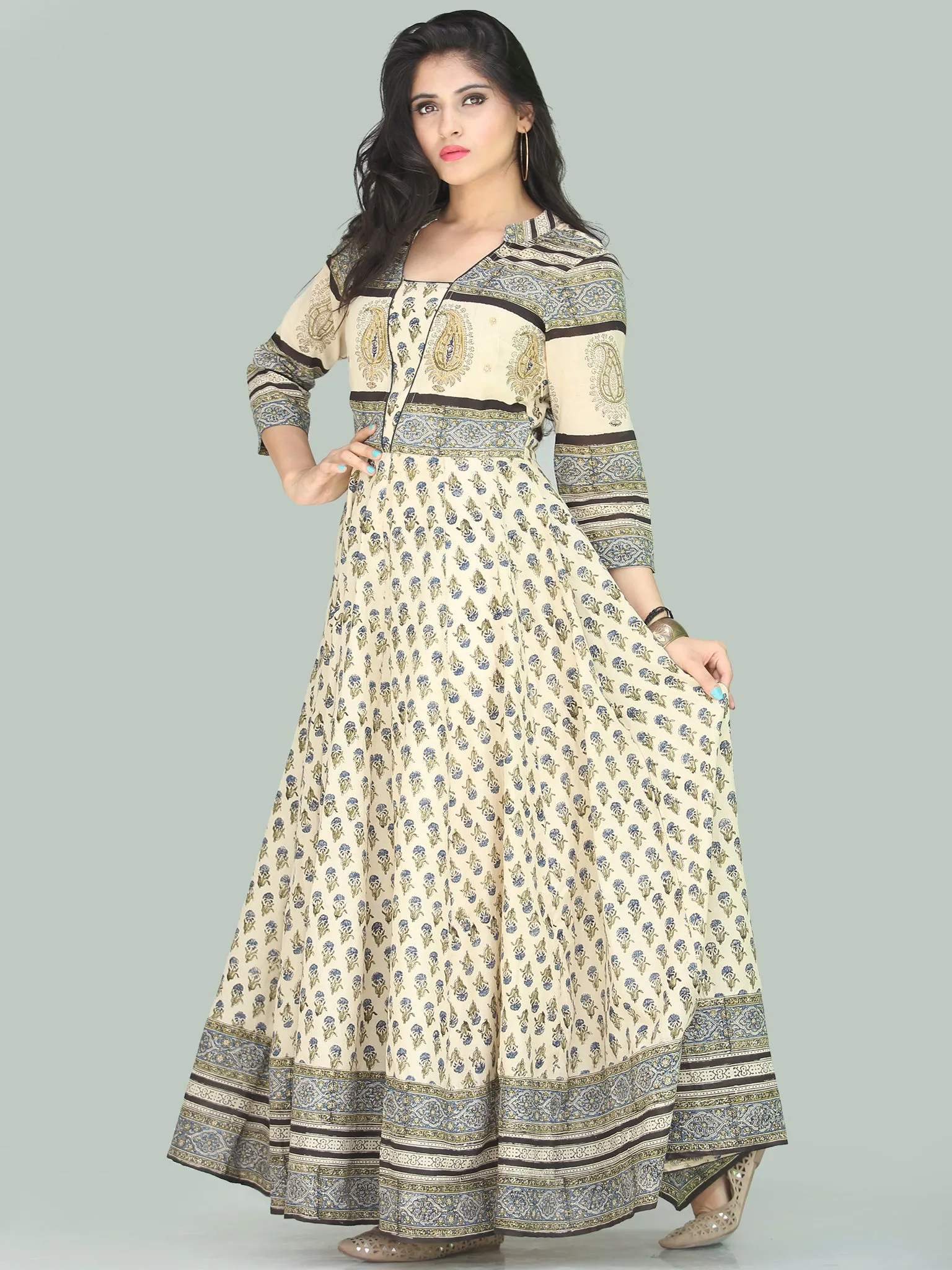 Naaz Fariha - Hand Block Printed Long Cotton Embroidered Dress With Lining - DS109F001