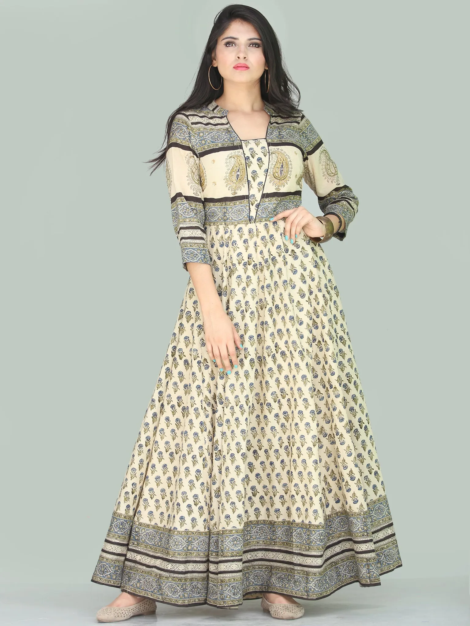 Naaz Fariha - Hand Block Printed Long Cotton Embroidered Dress With Lining - DS109F001