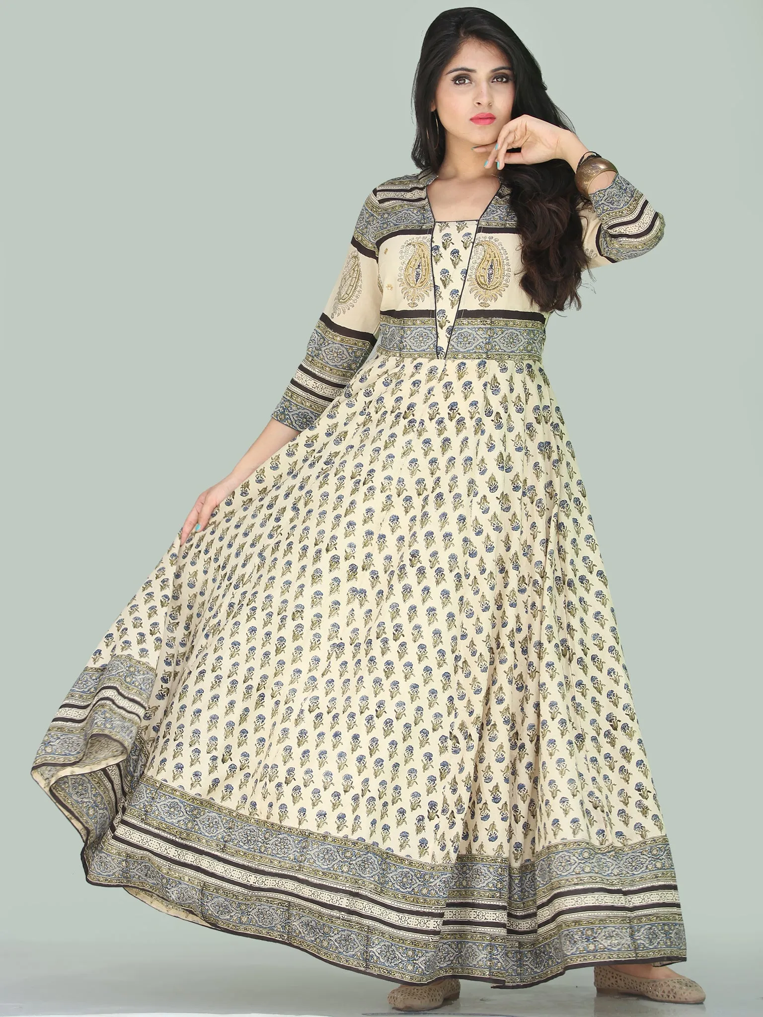 Naaz Fariha - Hand Block Printed Long Cotton Embroidered Dress With Lining - DS109F001